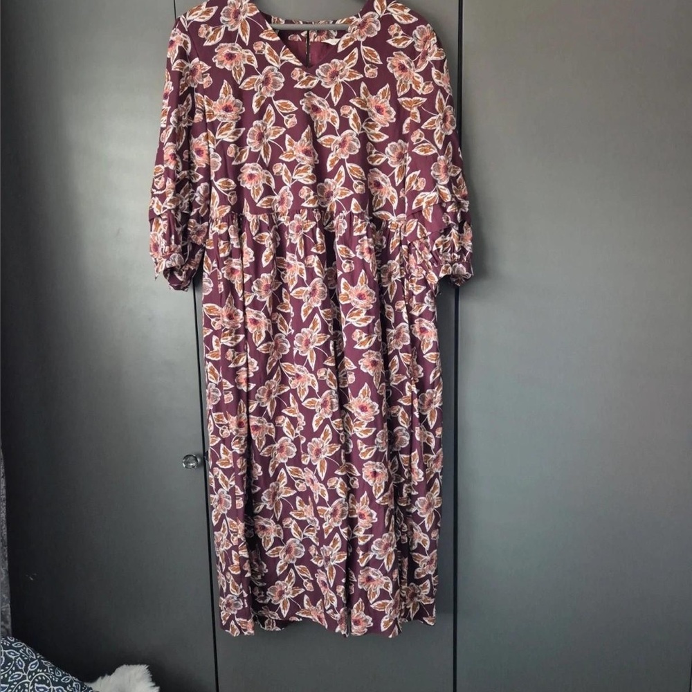 Pink and White Casual Midi Sundress with Bishop Sleeves